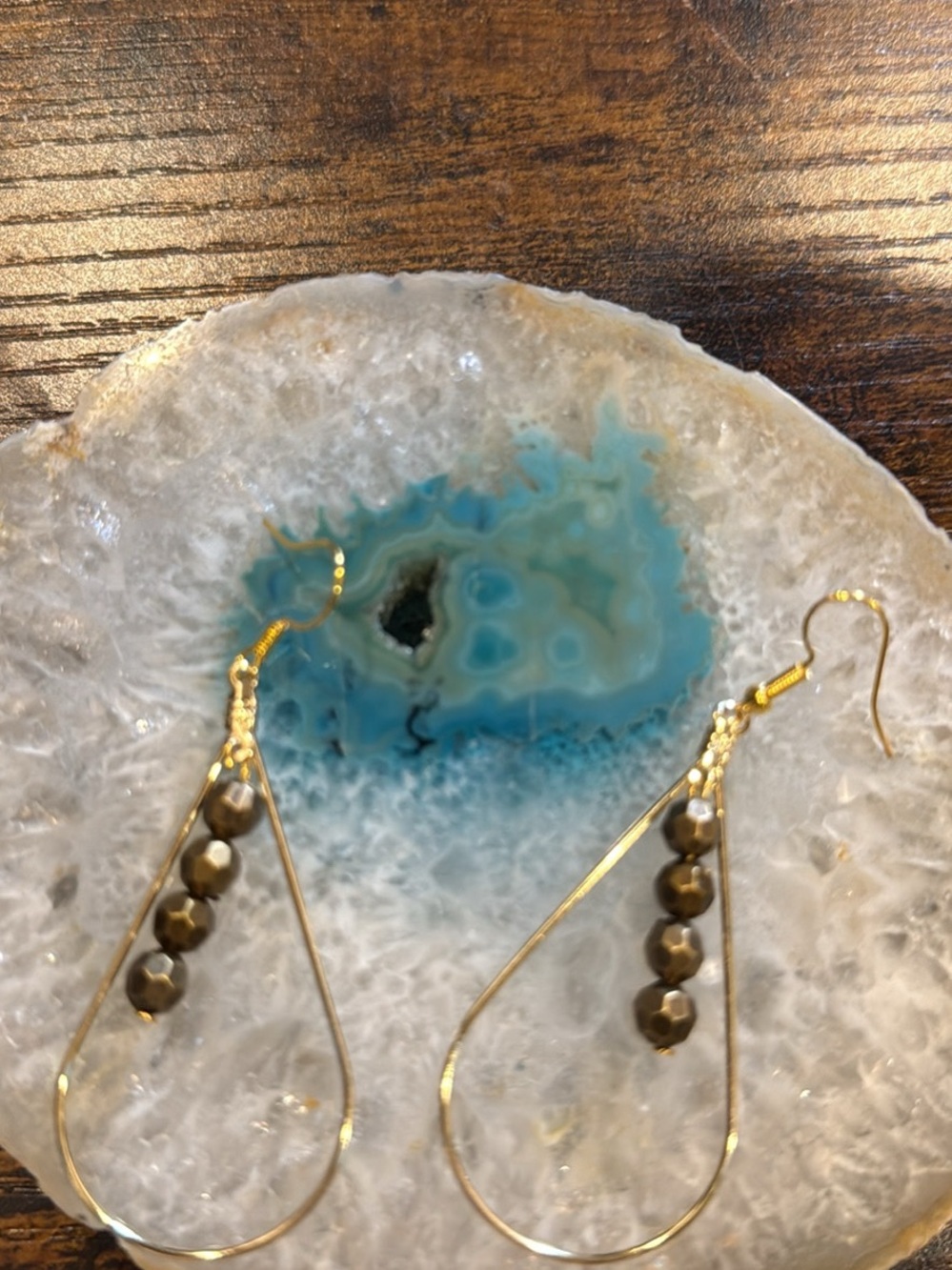 Gold Teardrop Earrings with Brown Faceted Beads - Women Jewelry